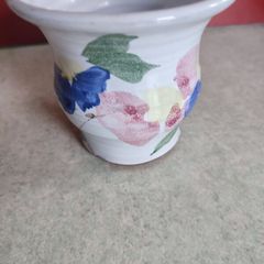 Judy Greene Galway Ireland Hand thrown Art Pottery Small Vase Stamped Floral 9 cm. tall top wide 9.4 cm.