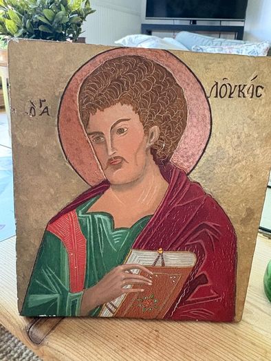 Vintage Hand Painted religious Icon of St Luke on wood Byzantine style