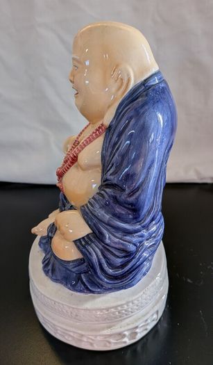 Ceramic Laughing Buddha Lamp Base Blue Robe Budai Hotei Vintage 20cm