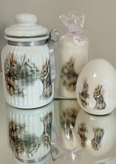 Handmade Beautiful Bunnies egg, candle and jar