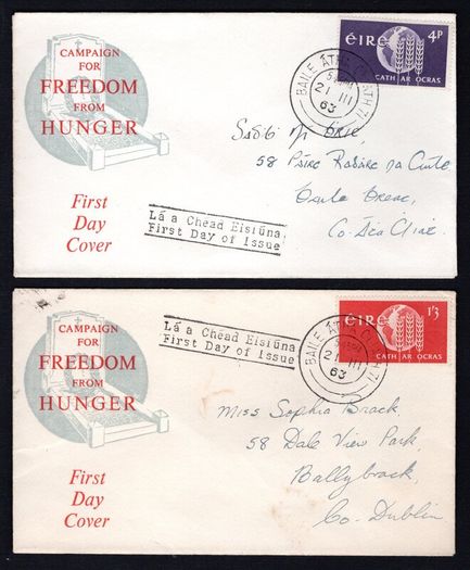 1963 Ireland Freedom From Hunger Commemorative Stamps Pair of Illustrated First Day Covers (FDC)