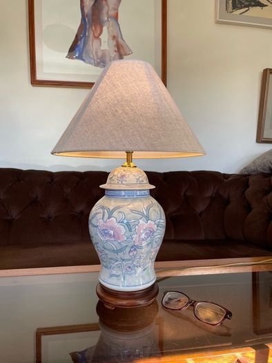 Pretty Oriental Pastel Floral Ginger Jar Lamp Base with Wooden Plinth Base