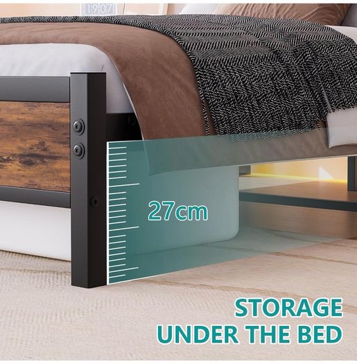 4ft6 Double Bed Frame with LED Lights&Charging Station,Brown Metal Platform Bed with Storage Headboard, Mattress Foundation, Metal Slat Support ,No Box Spring Needed,Under-bed Storage