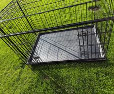 XL dog crate opens up by sliding doors at front and side. Read caption