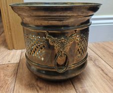 Brass Planter Pot Vintage Lion Rings Handcrafted Antique Metal Jardiniere Collectable Retro