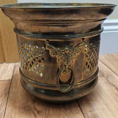 Brass Planter Pot Vintage Lion Rings Handcrafted Antique Metal Jardiniere Collectable Retro