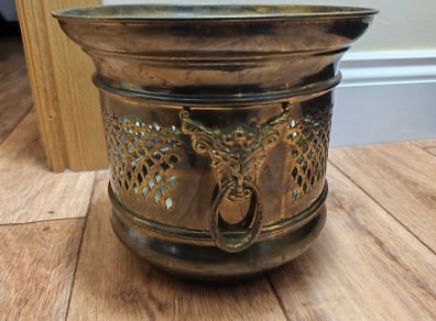 Brass Planter Pot Vintage Lion Rings Handcrafted Antique Metal Jardiniere Collectable Retro