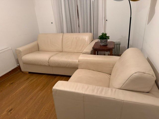 2 Seater White Leather Sofa Bed, Fold-Out Mattres and Armchair