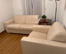 2 Seater White Leather Sofa Bed, Fold-Out Mattres and Armchair
