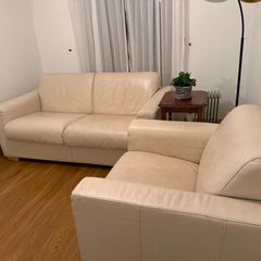 2 Seater White Leather Sofa Bed, Fold-Out Mattres and Armchair