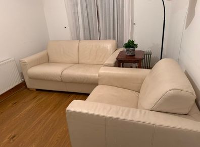 2 Seater White Leather Sofa Bed, Fold-Out Mattres and Armchair