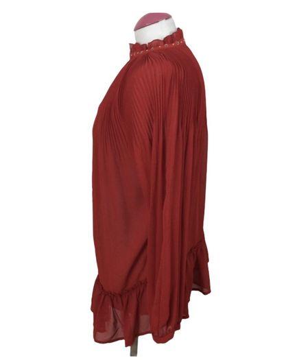 River Island Ladies Red Semi Pleated Sheer Top Long Sleeves Cold Shoulders Sz 10 including postage