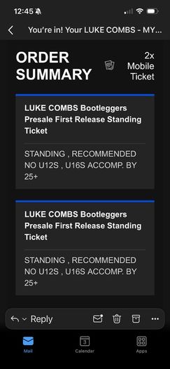 2 x Luke Combs Sunday night tickets