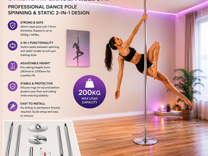 Professional Dancing Pole, Professional Dance PoleHeavy Duty 200kg Spinning Static Dancing Pole Kit, Portable Removable Pole, 45mm Heavy-Duty Stainless Steel Pole, Height  Adjustable  Adjustable 2163 2700mm