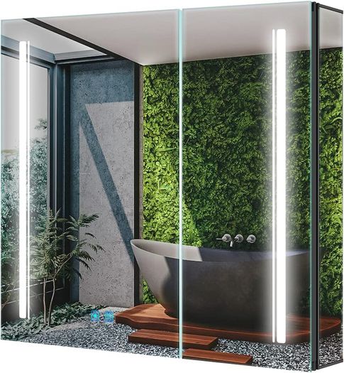 Bathroom Mirror Cabinet with LED Lights, Anti-Fog, Colour Changing & Touch Sensor, Aluminium Double Door, 650x600mm Dimmable, Shaver Socket