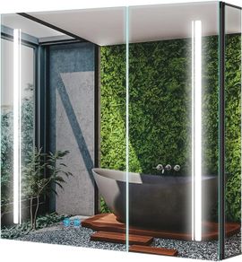 Bathroom Mirror Cabinet with LED Lights, Anti-Fog, Colour Changing & Touch Sensor, Aluminium Double Door, 650x600mm Dimmable, Shaver Socket