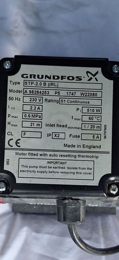 Fully working 2 Bar Grundfos Shower Booster Pump