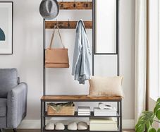 Industrial Clothes Rack, Coat Rack, with Hooks, Mirror, Bench