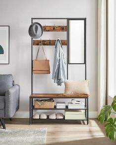 Industrial Clothes Rack, Coat Rack, with Hooks, Mirror, Bench