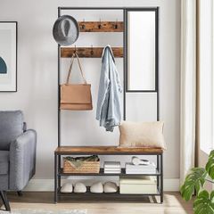 Industrial Clothes Rack, Coat Rack, with Hooks, Mirror, Bench