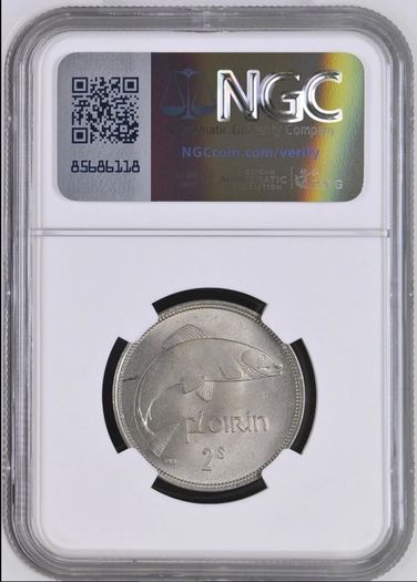 Ireland 1954 | Florin | Irish 2 Shillings | Salmon | KM.15a | MS65