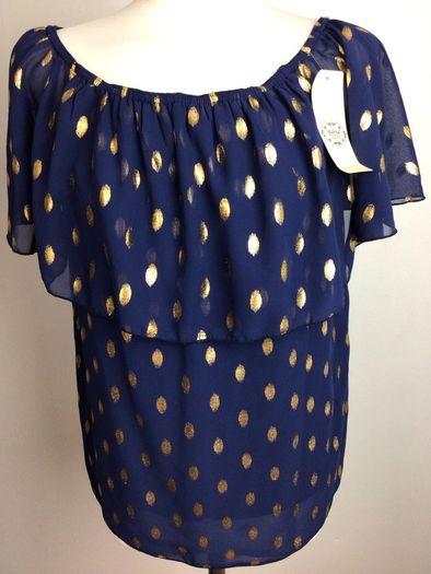 Navy blue & gold print chiffon off shoulder blouse top BNWTS size 12 including postage