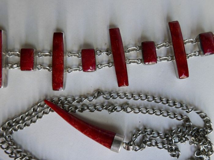 Vintage Red Fossilized Coral .925 Sterling Silver handcrafted Large Bali Bracelet and Red Coral Horn Pendant Necklace