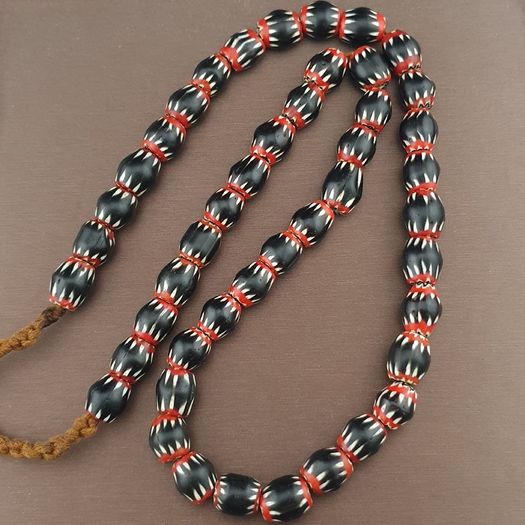 Antique Venetian Style Black Chevron Glass Beads Necklace Strand