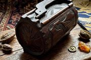 vintage hand-carved wooden cylindrical barrel box