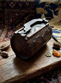 vintage hand-carved wooden cylindrical barrel box