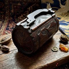 vintage hand-carved wooden cylindrical barrel box