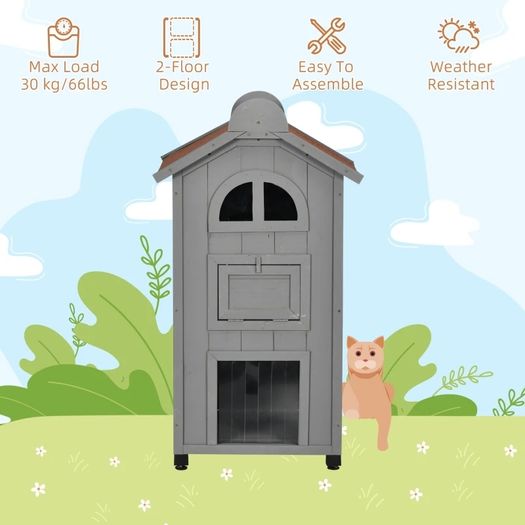 Solid Wood Cat Condos Natural Water Proof Outdoor 2-Floor Pet Shelter