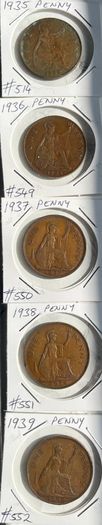 British Pennies 1935, 1936, 1937, 1938, 1939