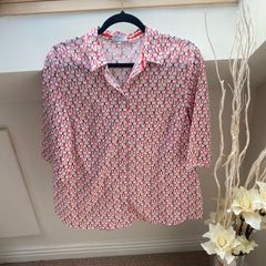 ERFO Pure Women's Geometric Print Blouse Pink Orange Red 3/4 Sleeve