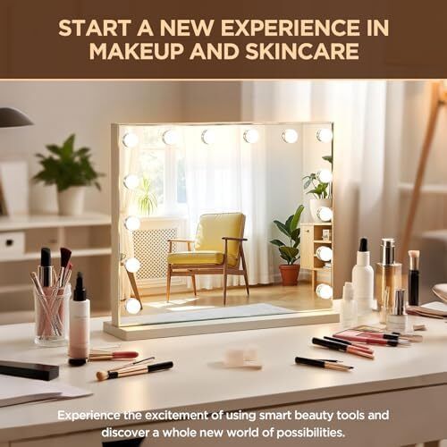 Vanity Mirror with Lights, 50x42cm Lighted Makeup Mirror for Tabletop/Wall Mounted with 14 Led Dimmable Bulbs, USB Cable, Touchscreen
