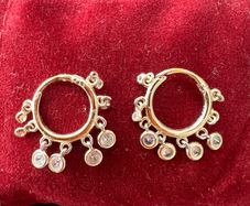 Elegant Gold-Tone Hoop Earrings with CZ Dangle Charms - 925 Silver Hallmark