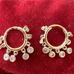 Elegant Gold-Tone Hoop Earrings with CZ Dangle Charms - 925 Silver Hallmark