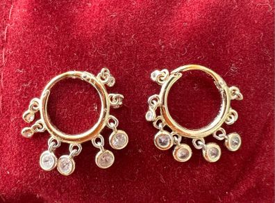 Elegant Gold-Tone Hoop Earrings with CZ Dangle Charms - 925 Silver Hallmark