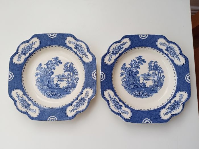 Two Vintage Adams Aladdin pattern  blue and white oriental scene shallow plates  D 22.5cm