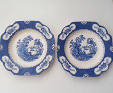 Two Vintage Adams Aladdin pattern  blue and white oriental scene shallow plates  D 22.5cm