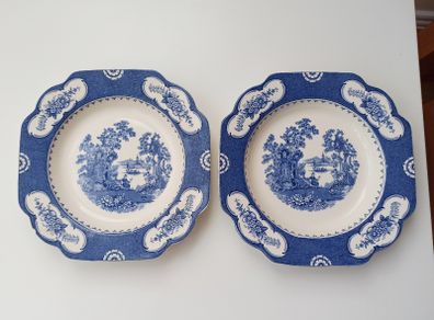 Two Vintage Adams Aladdin pattern  blue and white oriental scene shallow plates  D 22.5cm