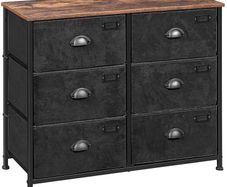 Fabric Dresser, Large 6 Drawer Console, Clothes Storage Cabinet, Industrial Style, Metal Frame, Wood Surface, for Bedroom, Hallway, Rustic Brown and Black