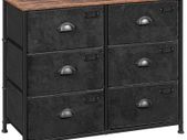 _Fabric Dresser, Large 6 Drawer Console, Clothes Storage Cabinet, Industrial Style, Metal Frame, Wood Surface, for Bedroom, Hallway, Rustic Brown and Black
