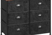 _Fabric Dresser, Large 6 Drawer Console, Clothes Storage Cabinet, Industrial Style, Metal Frame, Wood Surface, for Bedroom, Hallway, Rustic Brown and Black