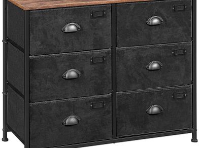 _Fabric Dresser, Large 6 Drawer Console, Clothes Storage Cabinet, Industrial Style, Metal Frame, Wood Surface, for Bedroom, Hallway, Rustic Brown and Black