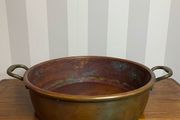 Beautiful large antique solid copper flat-bottom pan with riveted brass handles.