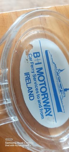 B + I motorway car ferry service to and from Ireland ,glass ashtray,,a slight little chip ,underneath one edge ,,very small,see pictures for condition,,price includes post to anywhere in ireland,,thank you, take as is