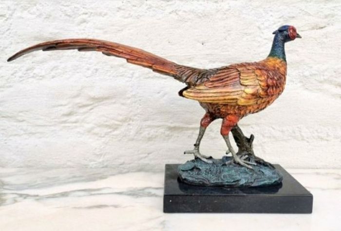 Pheasant (32 cm) - Cold Painted Bronze, Marble, Signed