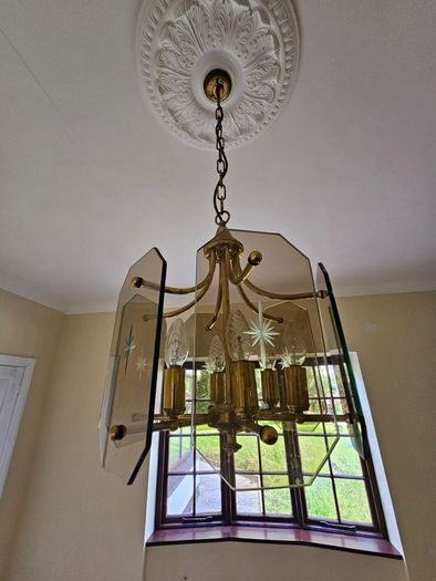 Vintage 1970s Brass & Smoked Glass Starburst Chandelier (MCM / Retro)