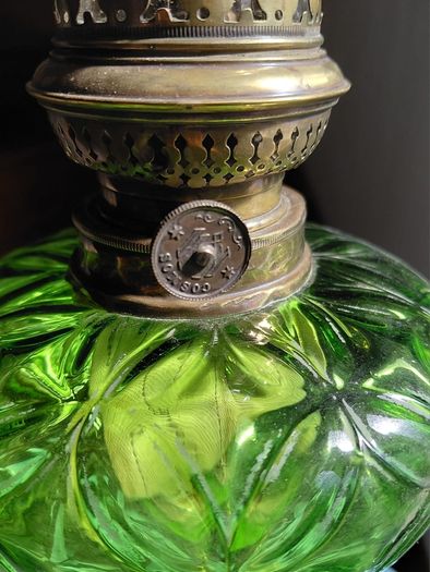 antique French large green glass oil lamp, works